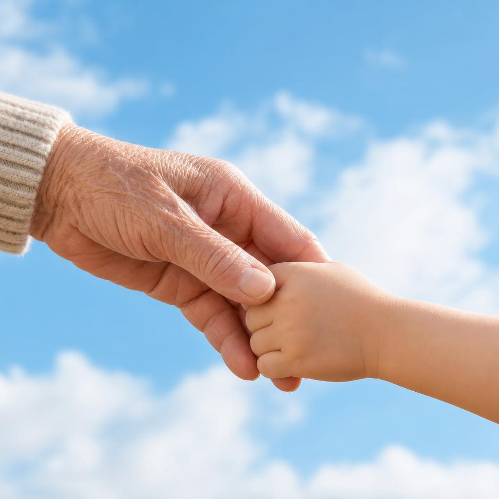 An elderly hand holding a child's hand