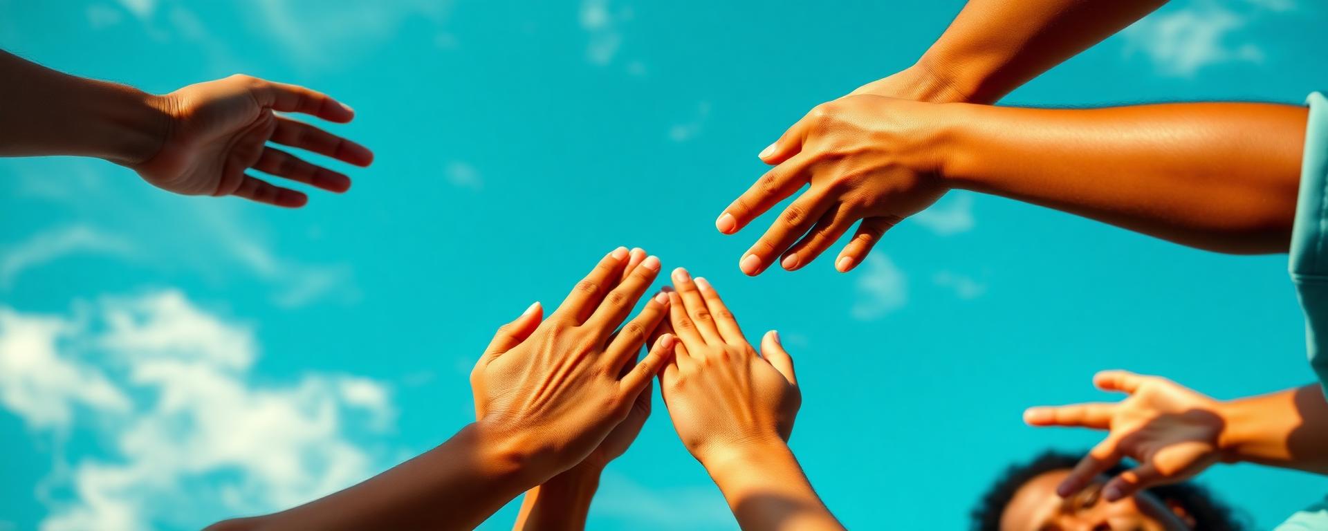 Diverse hands reaching together against a blue sky, symbolizing community coalition and mutual aid.