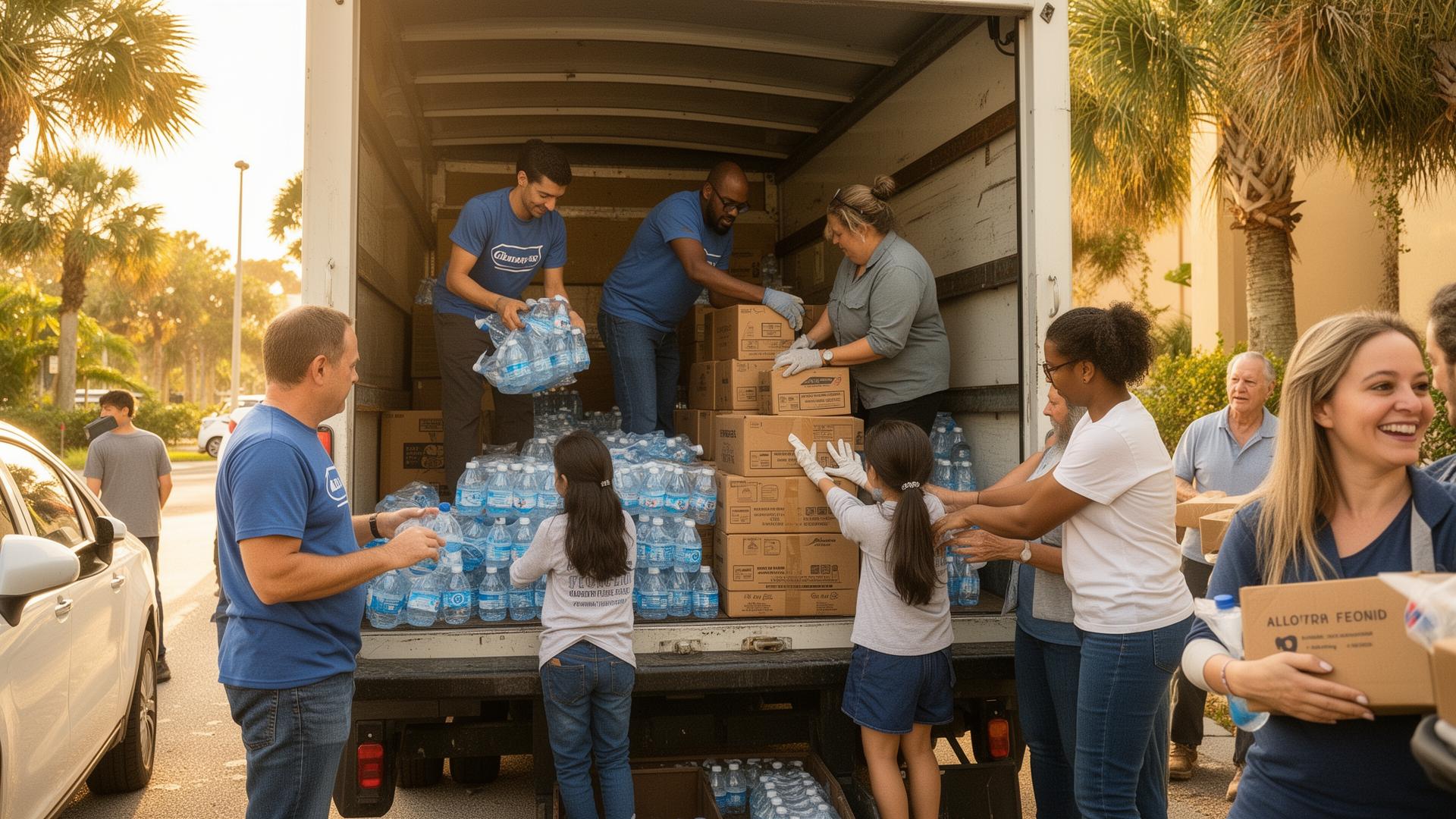 Volunteers loading boxes of water and supplies onto a truck on a sunny morning.