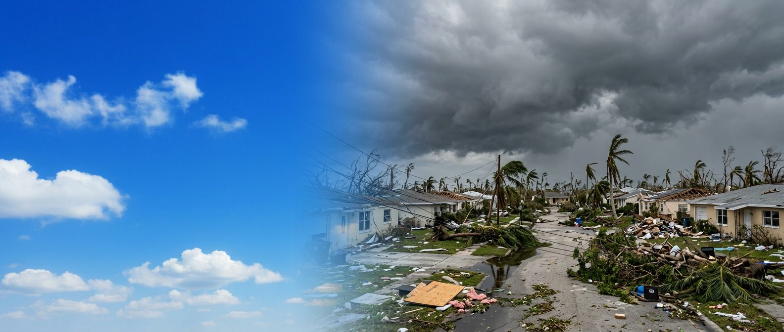Bright sky with clouds blending into a Florida disaster recovery scene.
