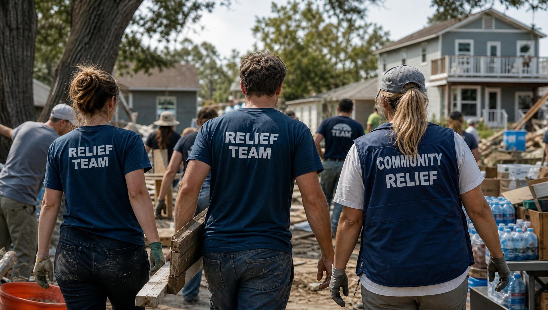 Volunteers seen from behind working together at a disaster recovery site